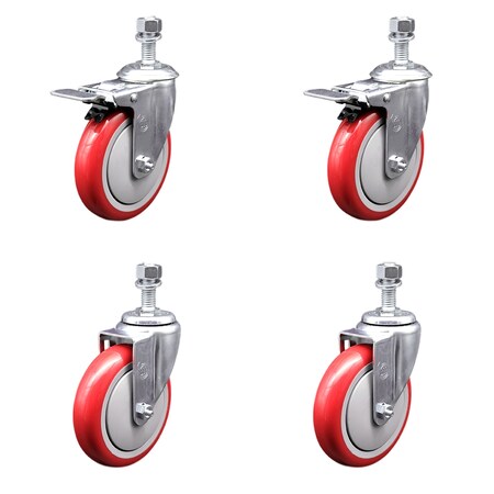 Service Caster 5 Inch SS Red Polyurethane 1/2 Inch Threaded Stem Caster Total Lock Brake, 2PK SSTSTTL20S514-PPUB-RED-121315-2-S-2